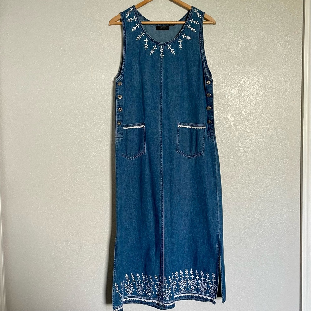 Agapo Denim Blue Jean Jumper Dress Embroidered - Size M